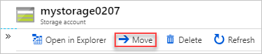 Screenshot of the Azure portal displaying the Move option for a storage account.