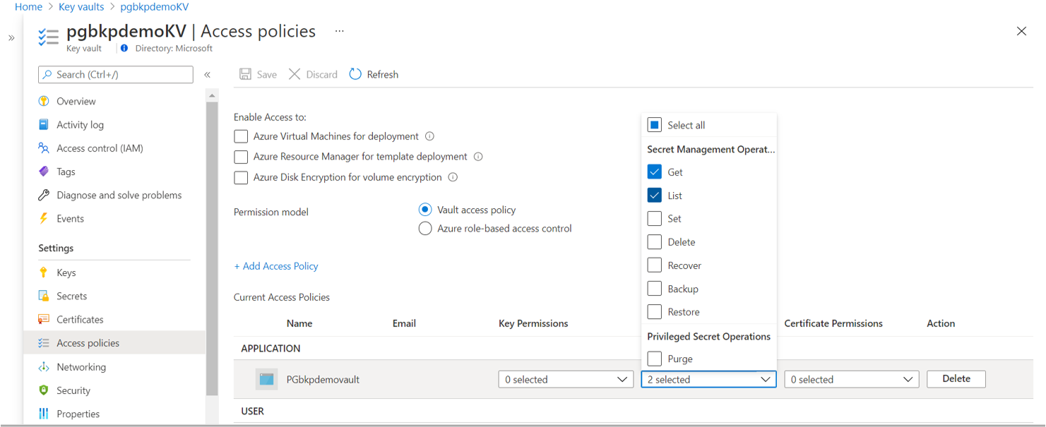 Screenshot that shows the option to grant permission by using access policies.