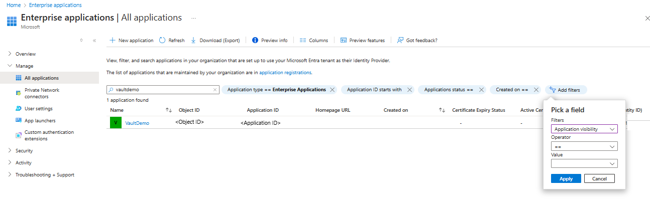 Screenshot showing the process to copy  the Application ID of the vault.