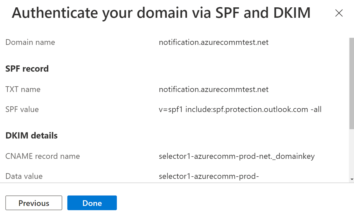 Screenshot that shows the DNS records that you need to add for S P F and D K I M.