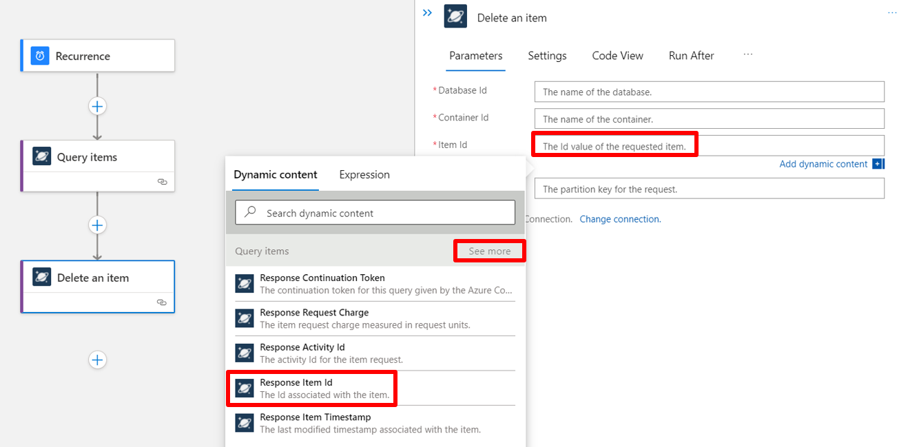 Screenshot showing the designer for a Standard logic app workflow with the Azure Cosmos DB **Query items** action dynamic content outputs.