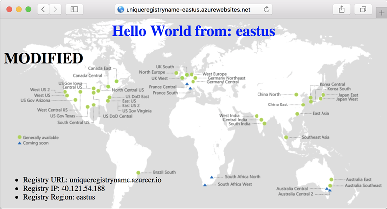 Browser view of modified web app running in East US region