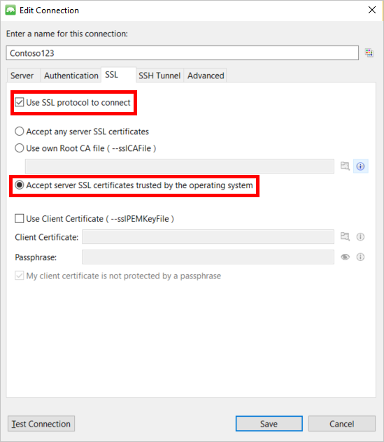 Screenshot of the Studio 3T connection manager SSL tab