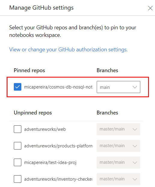 Screenshot of the 'Manage GitHub settings' dialog with a list of unpinned and pinned repositories.