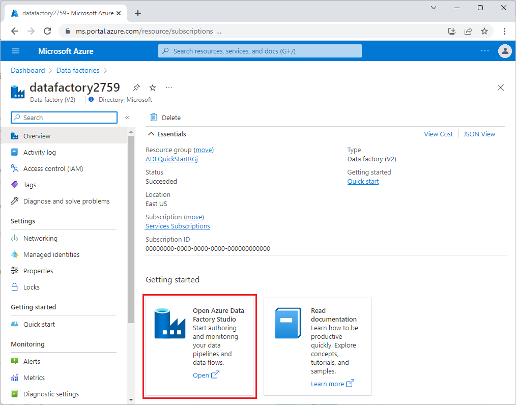 Screenshot showing the landing page of Azure Data Factory.