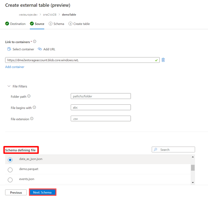 Screen shot of create external table source tab in Azure Data Explorer.