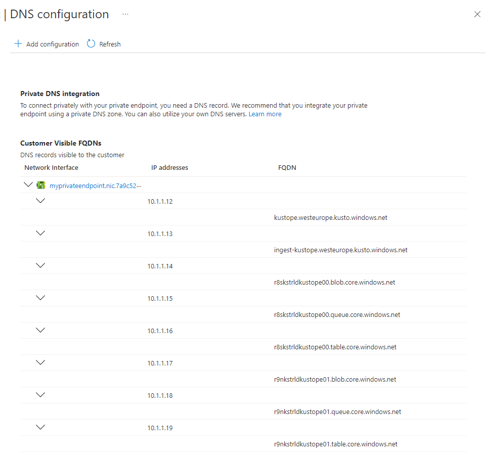 Screenshot of the DNS configuration page, showing the DNS configuration of the private endpoint.