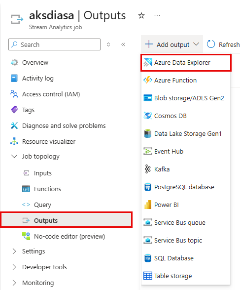 Screenshot of the Outputs page, showing how to create an Azure Data Explorer connection.