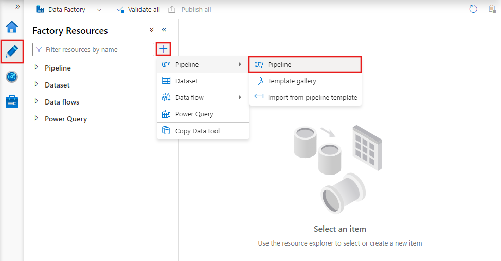 Shows the steps to create a new pipeline using Azure Data Factory Studio.