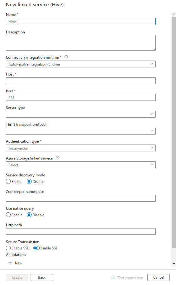 Configure a linked service to Hive.