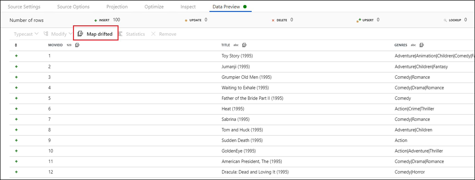 Screenshot shows the Data Preview tab with Map drifted called out.