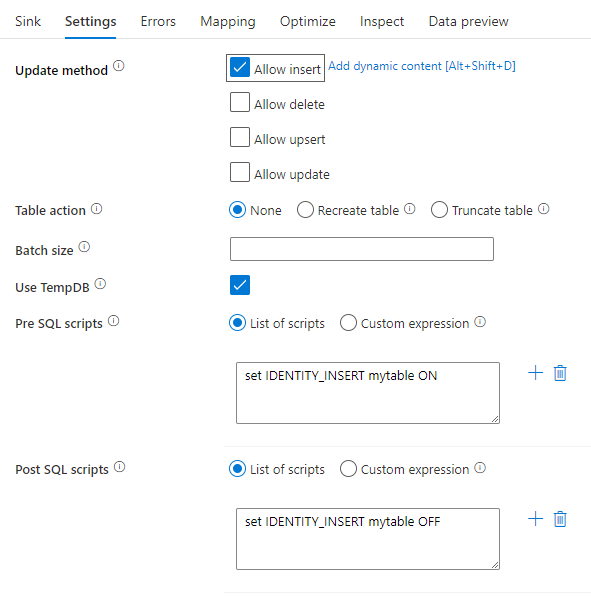 Screenshot showing Sink settings with pre and post SQL processing scripts.