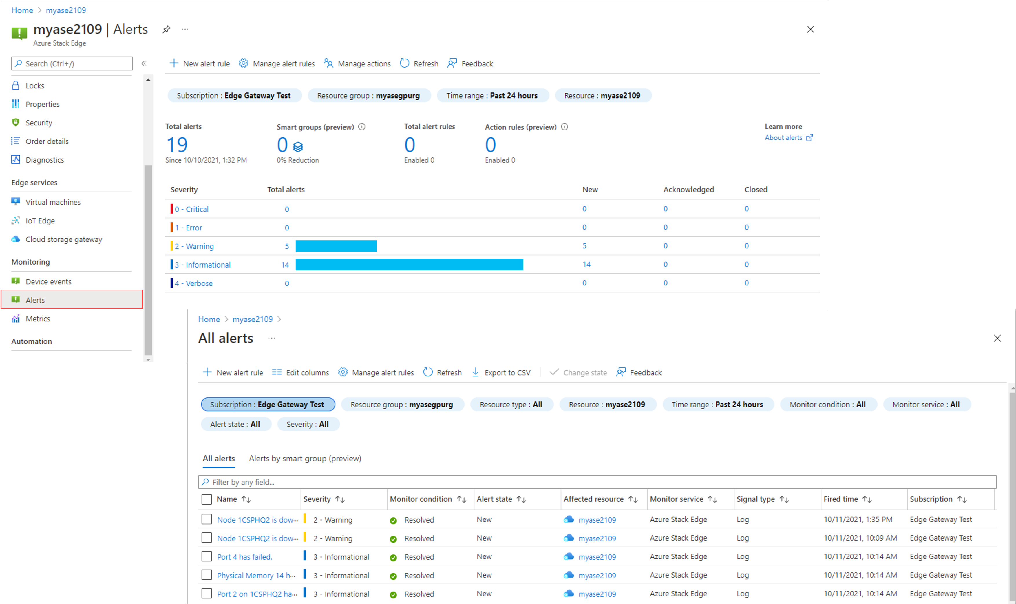 Screenshot of the Alerts blade for an Azure Stack Edge device in the Azure portal. Alert details are overlaid. The Alerts menu item is highlighted.