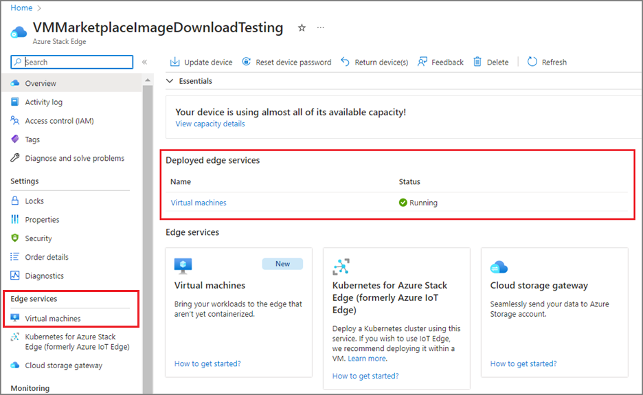 Screenshot showing the Deployed edge services page for an Azure Stack Edge device. The page shows VMs running as expected.