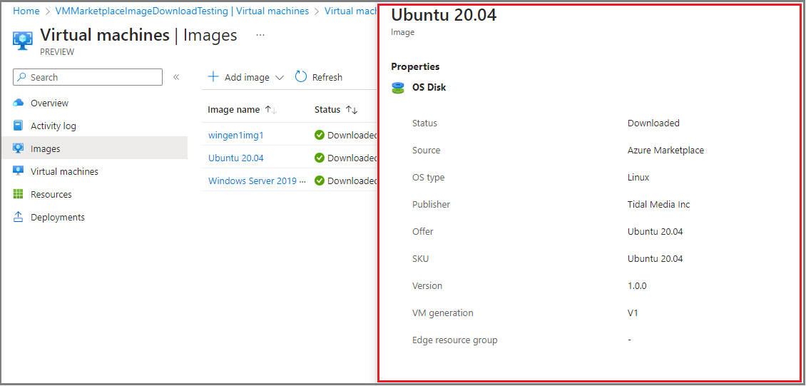 Screenshot showing VM image properties on the Virtual machines page of an Azure Stack Edge device in Azure portal.