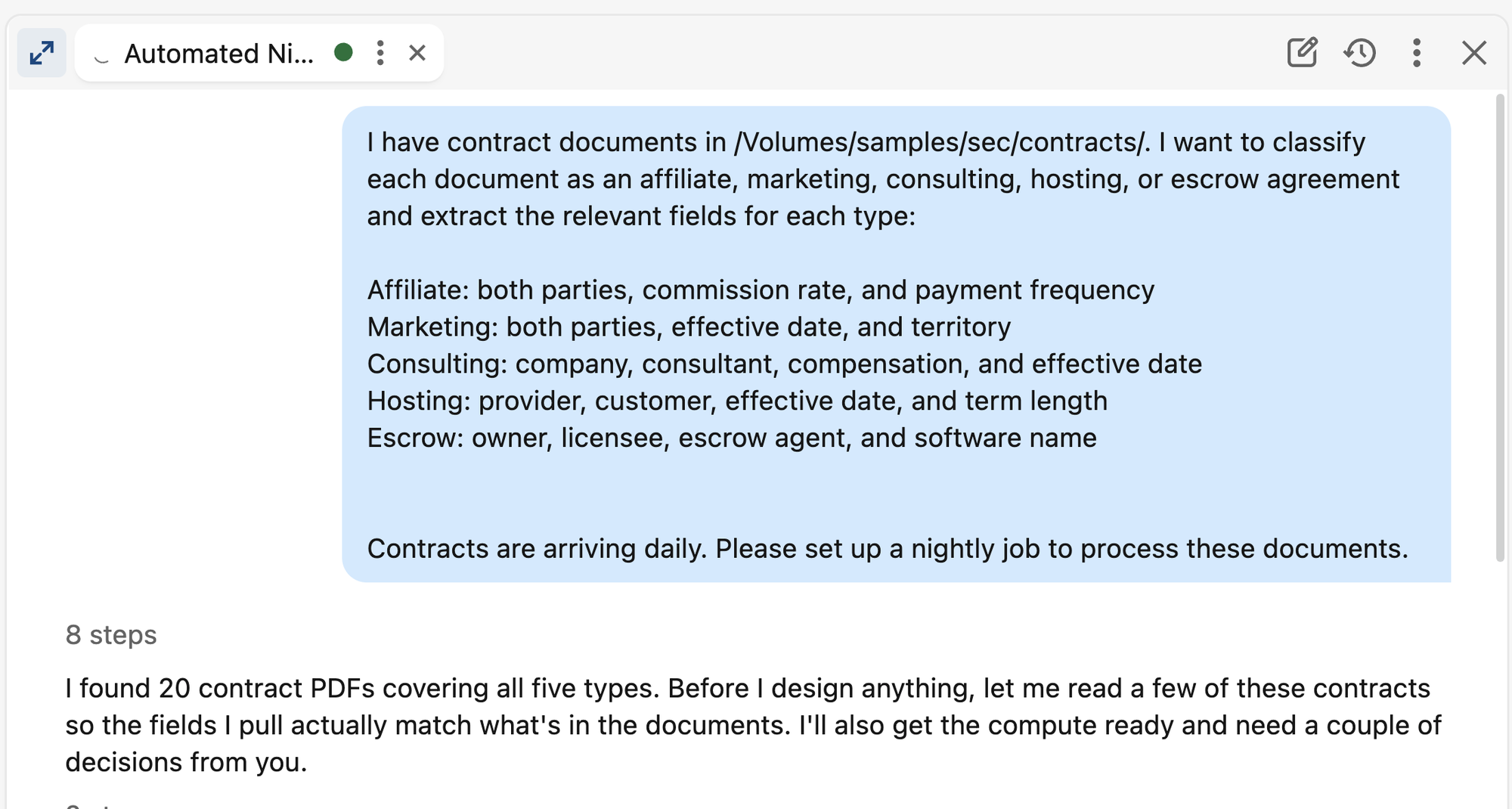 A prompt to Genie Code stating the classification and extraction goal, the fields to extract per contract type, and the source volume, with a request for a nightly job.