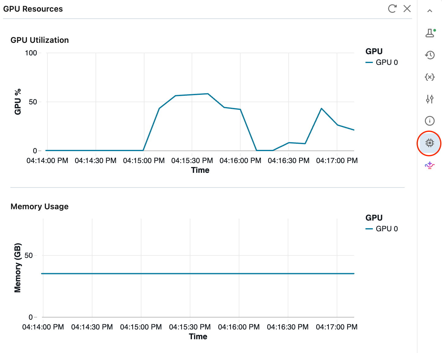 The GPU resources pane showing GPU utilization and memory usage charts over time.
