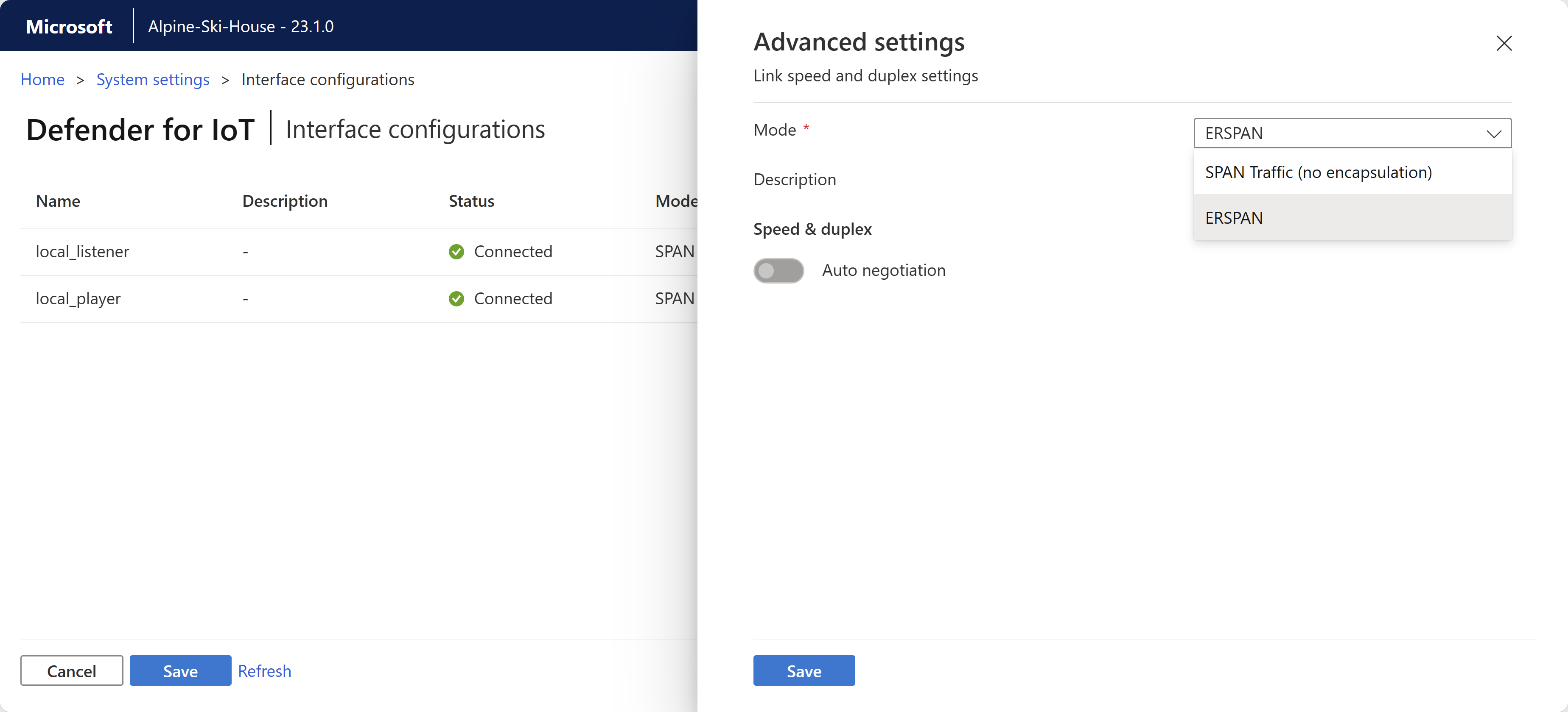 Screenshot of how to configure ERSPAN settings in the OT sensor settings.