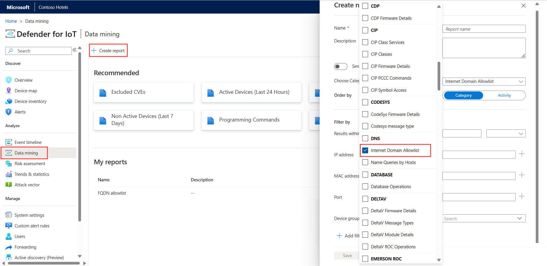 Screenshot of how to create a data mining report for DNS allowlists.