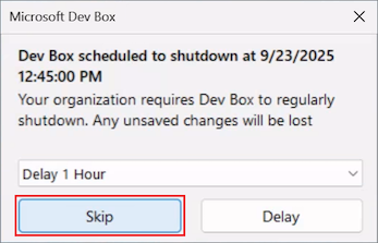 Screenshot showing the shutdown notification with the Skip button highlighted.
