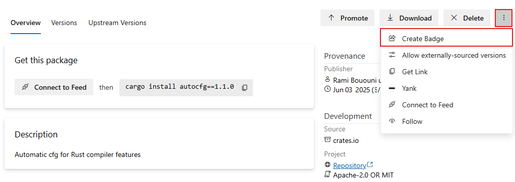 Screenshot showing how to create a new package badge.