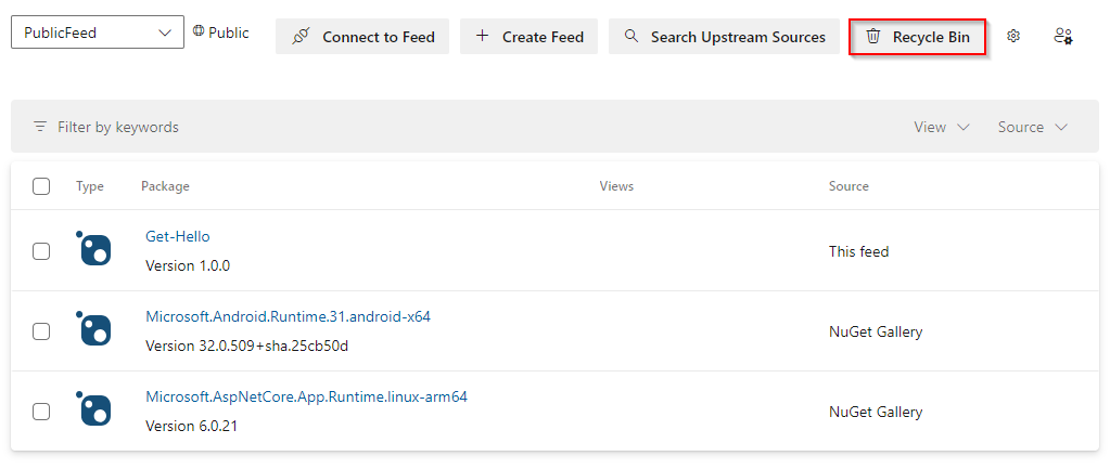 A screenshot showing how to access the recycle bin in Azure Artifacts.