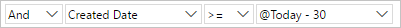 Screenshot that shows the Query Editor clause for finding items created in the last 30 days.