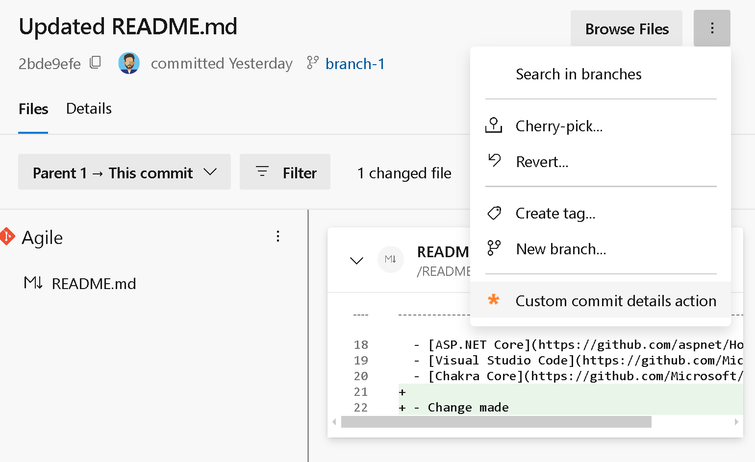 Screenshot of the Git commit detail menu.