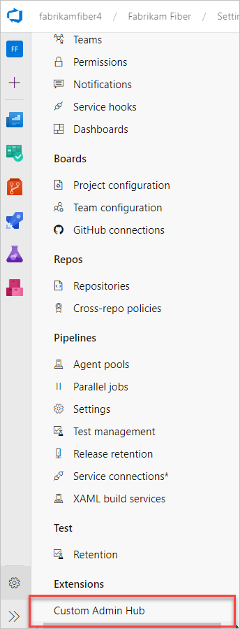 Screenshot of a custom hub in project settings.