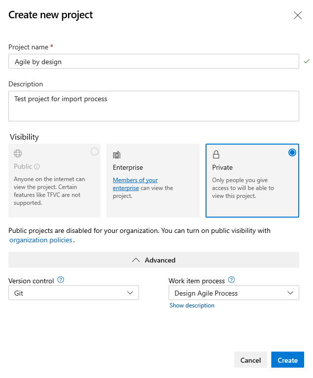 Dialog for Create new project.