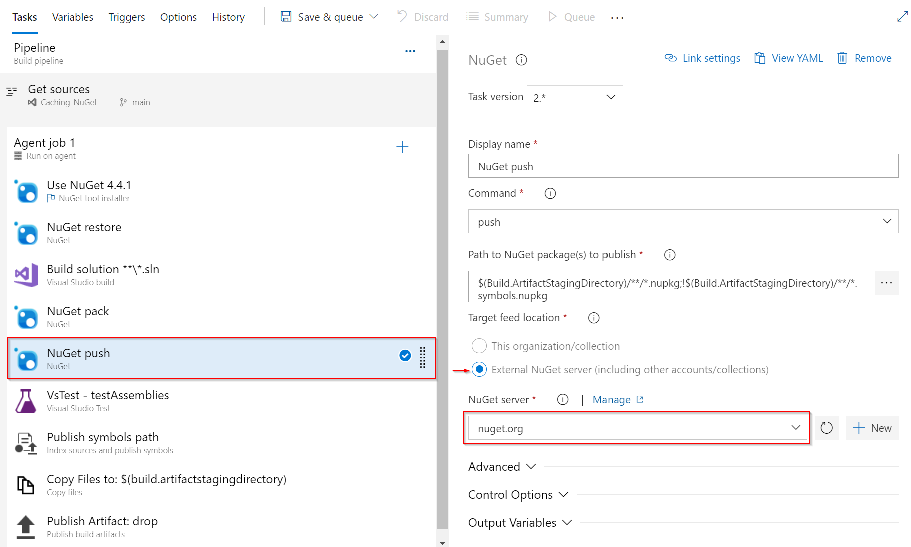 A screenshot that shows how to configure the NuGet task to publish packages to nuget.org.