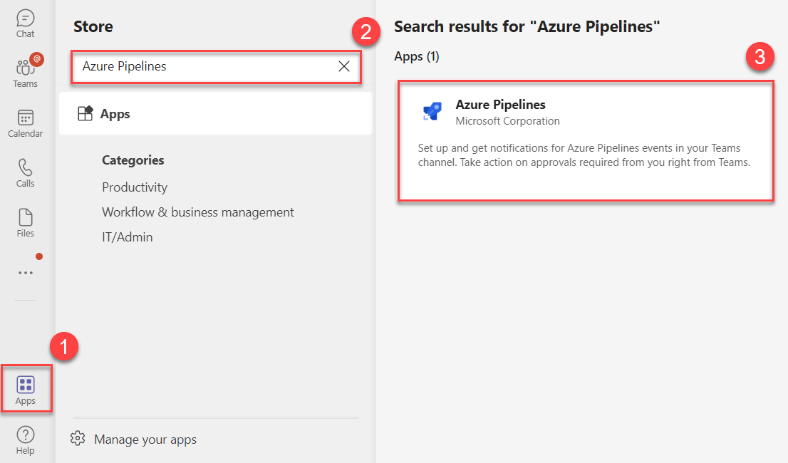 Screenshot of selecting the Apps button, then Azure Pipelines button.