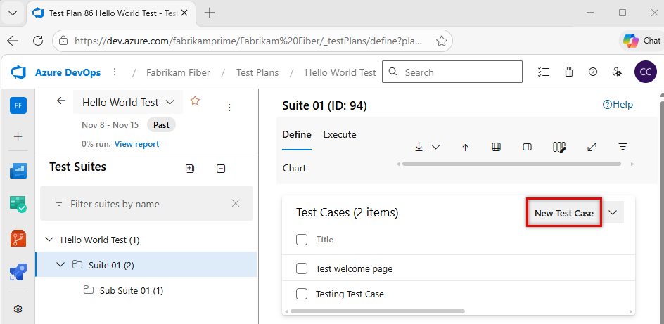 Screenshot showing test cases with New Test Case button highlighted.