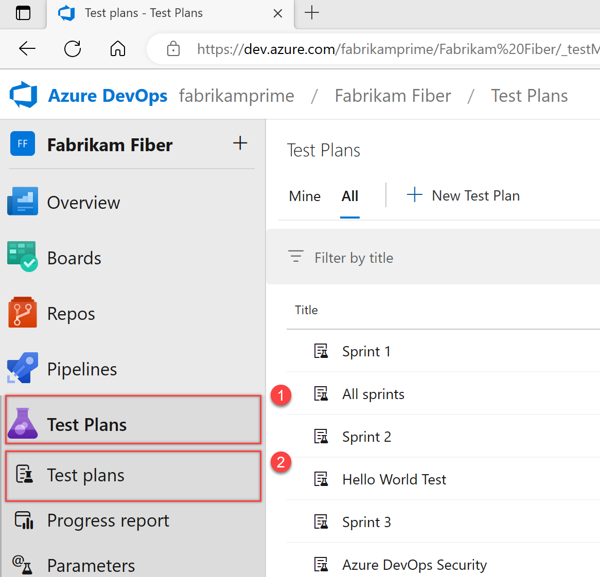 Screenshot of opening the list of test plans page.