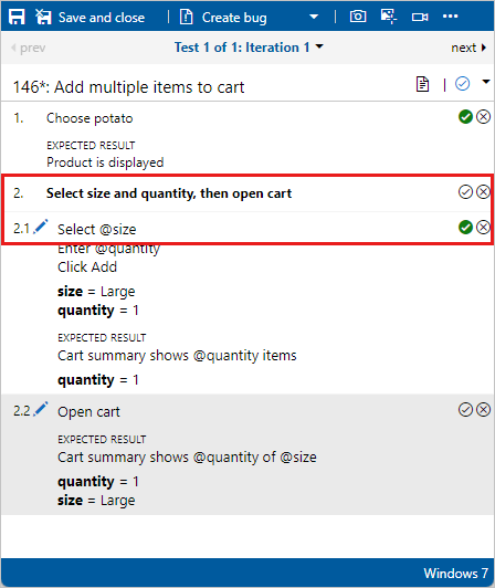 Screenshot shows Test Runner with shared steps that you can mark as a unit or individually.