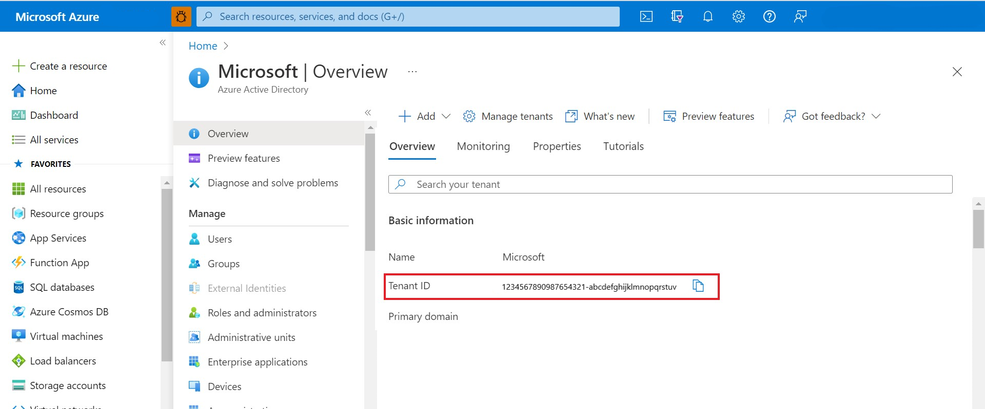 Screenshot that shows finding the tenant ID.