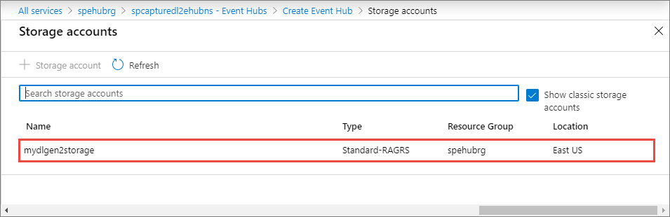 Screenshot showing the selection of Data Lake Storage Gen 2 account.