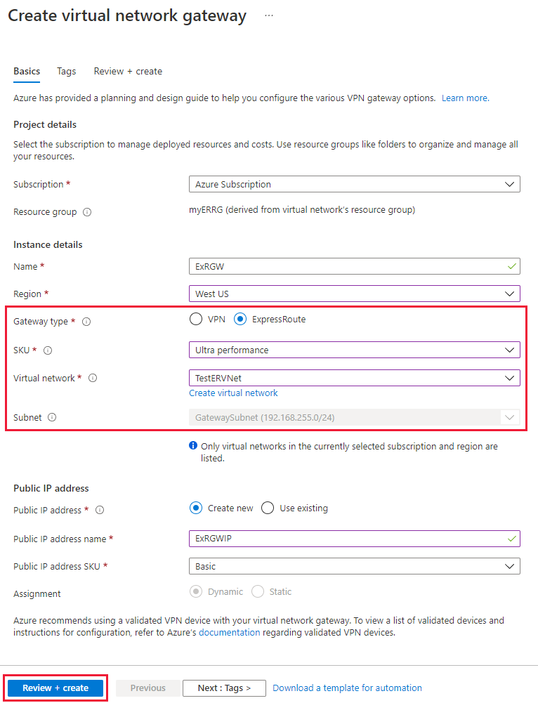 Screenshot of the create a virtual network gateway for ExpressRoute.