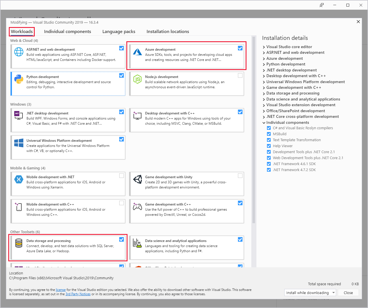 Workload selection, Visual Studio Installer.