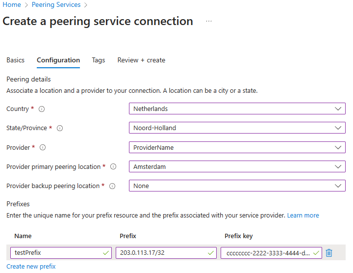 Screenshot of th the Configuration tab of creating a Peering Service connection in the Azure portal.