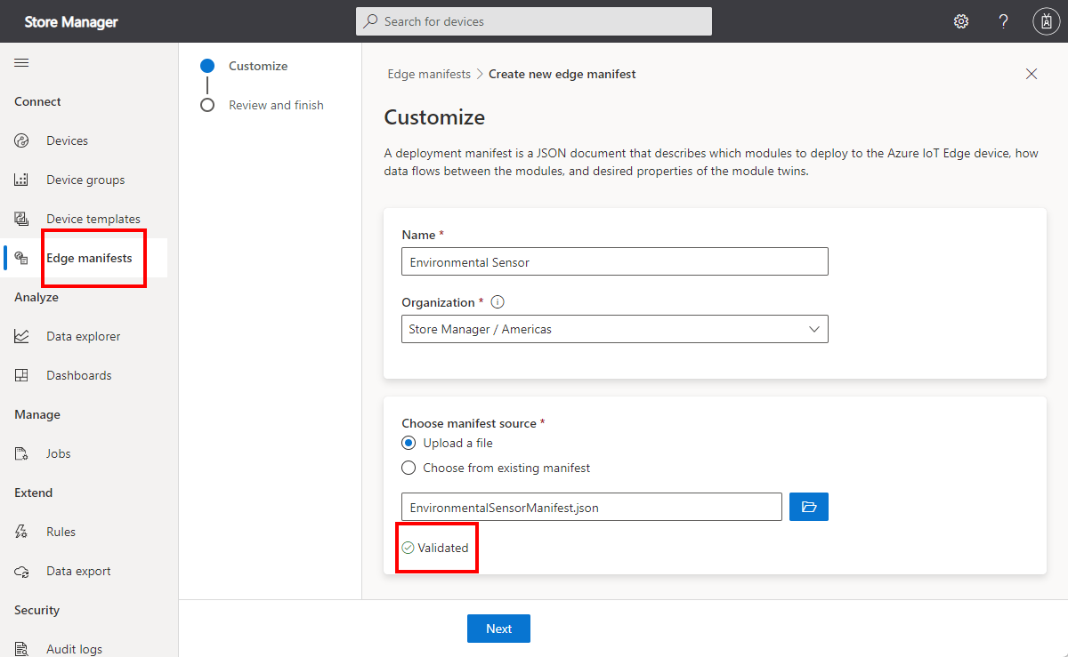 Screenshot that shows an uploaded and validated deployment manifest.