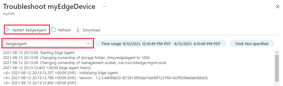 Use the dropdown menu to view the logs of different modules and use the restart button to restart modules.