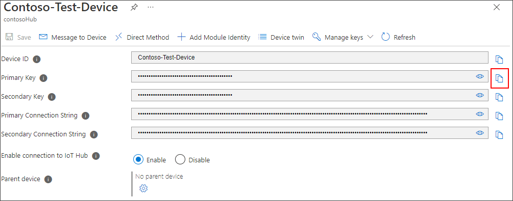 Screenshot that shows copying the primary key from the device details page.