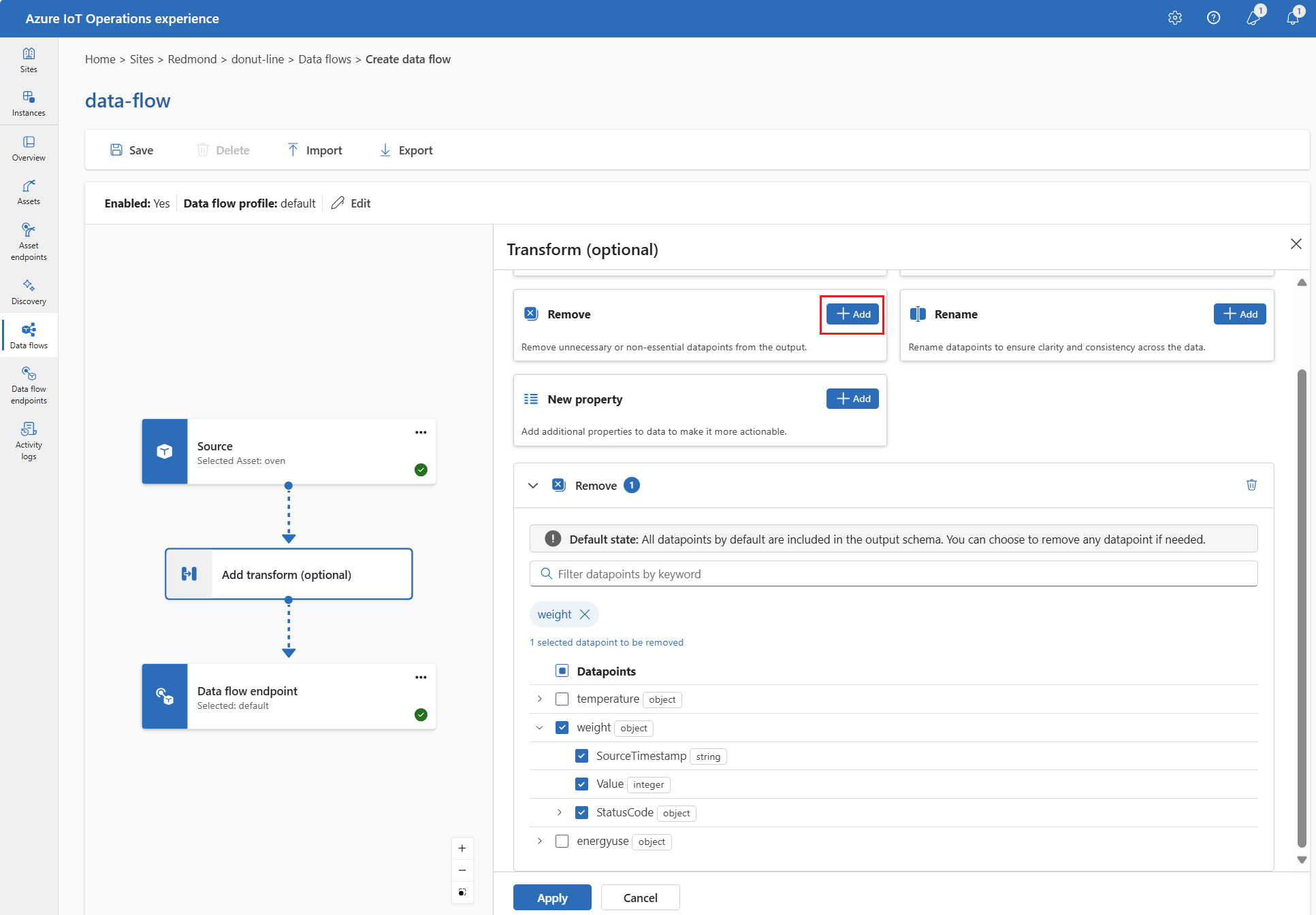 Screenshot using operations experience to remove the weight datapoint the output schema.