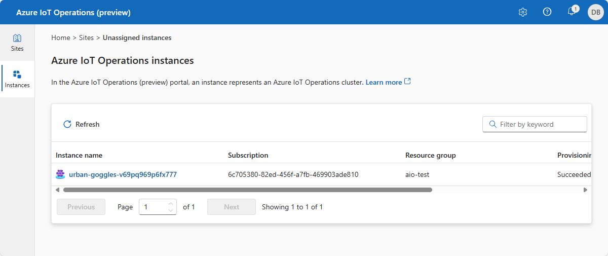 Screenshot that shows the list of instances in the Azure IoT Operations (preview) portal.