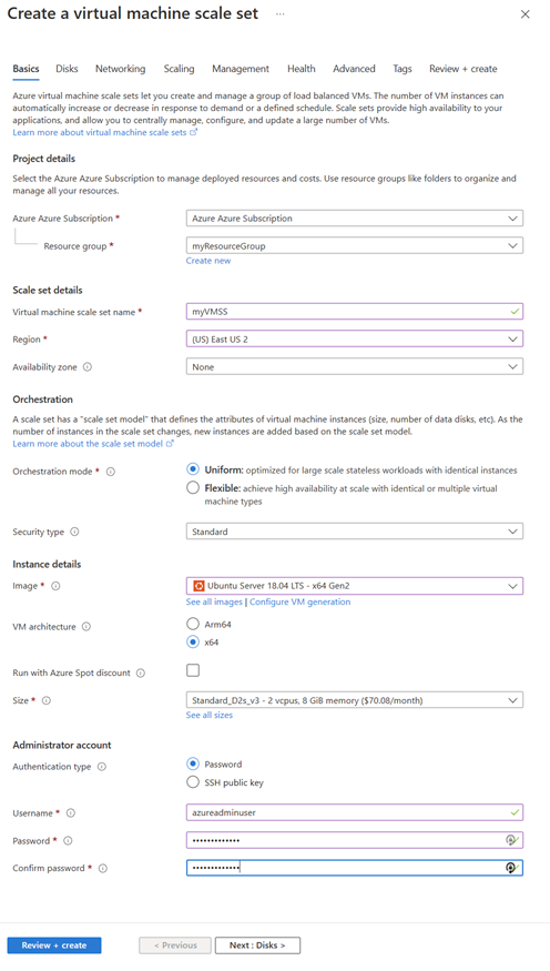 Screenshot of Create a Virtual Machine Scale Set page.