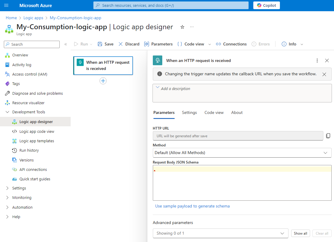 Screenshot shows the Request trigger for a Consumption workflow.