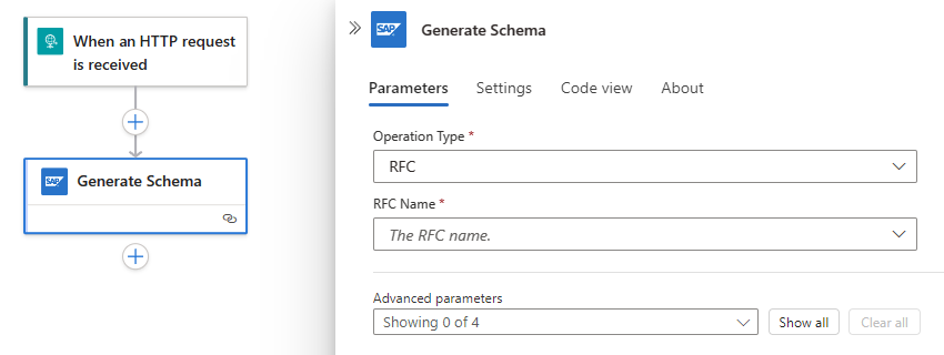 Screenshot shows Standard workflow and SAP built-in action named Generate Schema.