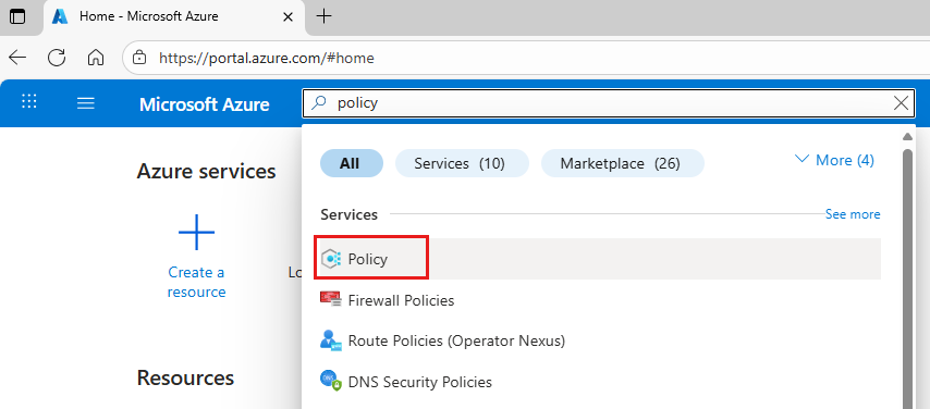 Screenshot showing main Azure portal search box with "policy" entered and "Policy* selected.