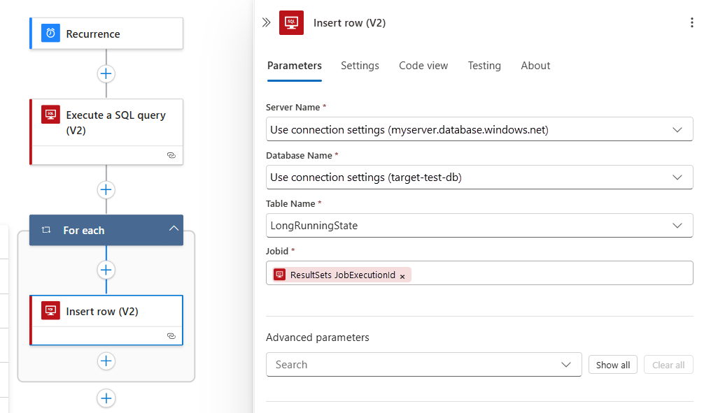 Screenshot that shows actions to use for starting the job and passing parameters to the stored procedure.